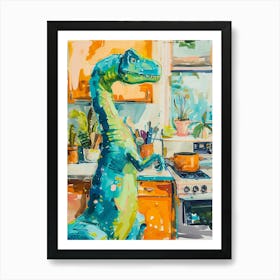 Dinosaur Cooking In The Kitchen Blue Brushstrokes 3 Art Print