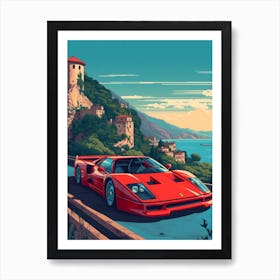 A Ferrari F40 In Amalfi Coast, Italy, Car Illustration 1 Art Print