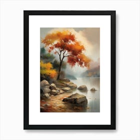 Autumn Lake,Forest Lake, Vintage Oil Painting, Farmhouse Wall Decorations, Antique Landscape, Vintage Landscape Oil Painting.12 1 Art Print