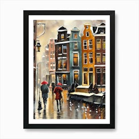 Amsterdam cafes, winter season, winter oil colors, pedestrians in the street, winter clothes, rain falling, Amsterdam print, Netherlands print, travel gift, Netherlands poster.59 Art Print