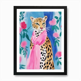 Leopard In Pink Scarf Watercolor Painting Art Print