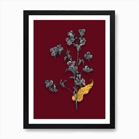 Vintage Commelina Tuberosa Black and White Gold Leaf Floral Art on Burgundy Red n.0391 Art Print