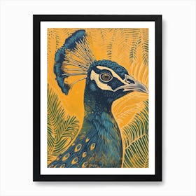 Blue Mustard Peacock With Tropical Leaves 3 Art Print