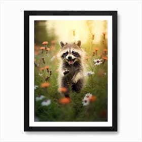 Cute Funny Crab Eating Raccoon Running On A Field 2 Art Print