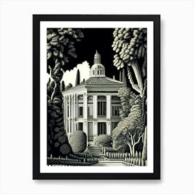 Villa Medici, Italy Linocut Black And White Vintage Art Print