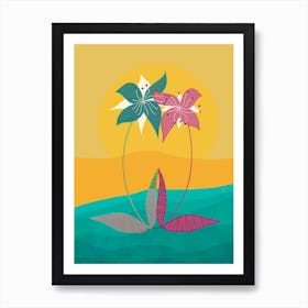 Exotic Purple Blue Sea Flowers In Yellow Sun Art Print