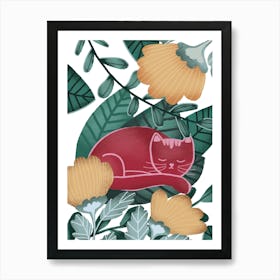 Red Cat Sleeping In The Garden Art Print