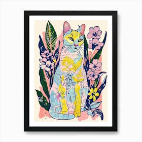 Cute Egyptian Mau Cat With Flowers Illustration 3 Art Print