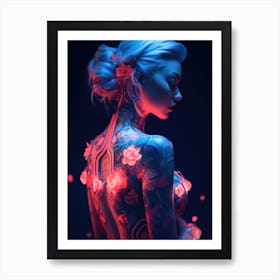 Neon Flower Cyberpunk Girl Art Print