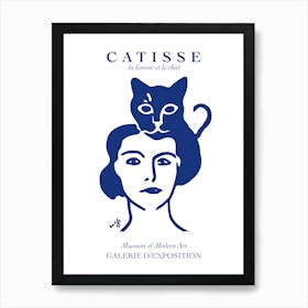 Matisse Catisse Woman With Cat Blue Fun Wall Art Blue Line Art Face Art Print