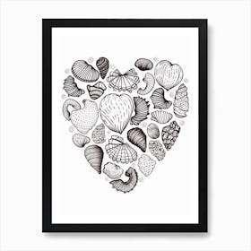 Minimalist Black & White Shell Line Drawing Heart 1 Art Print