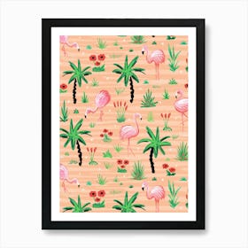 Pink Flamingos in the Water of a Tropical Island - Peach Pink Art Print