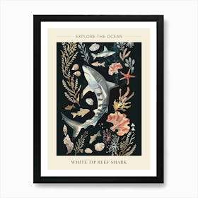 White Tip Reef Shark Seascape Black Background Illustration 3 Poster Art Print