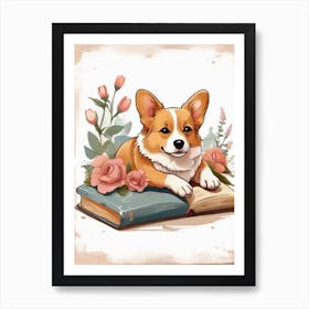 Corgi Dog Reading Book Art Print