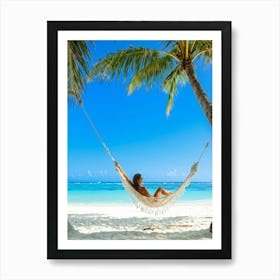 Content Woman Sprawls On A Pristine Tropical Beach Soft White Sands Adorned With Delicate Seashells (7) Art Print