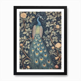 Blue Floral & Leaves Peacock Art Print