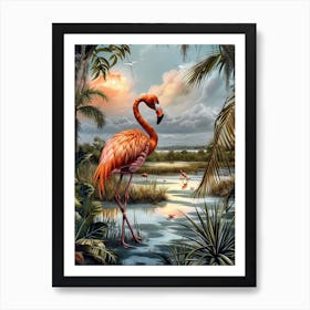 Greater Flamingo Salt Pans And Lagoons Tropical Illustration 3 Art Print