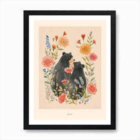 Folksy Floral Animal Drawing Bear 2 Poster Art Print