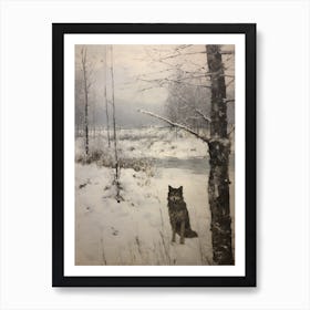 Vintage Winter Animal Painting Coyote 1 Art Print