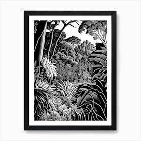 Geelong Botanic Gardens, 1, Australia Linocut Black And White Vintage Art Print