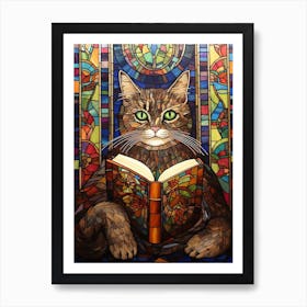 Stained Glass Cat Reading A Book Art Print