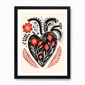 Abstract Linocut Style Anotomical Heart Red & Black Art Print