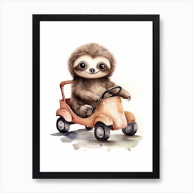 Baby Sloth On A Toy Car, Watercolour Nursery 1 Art Print