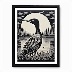 B&W Bird Linocut Common Loon 2 Art Print