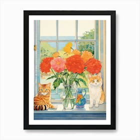 Cat With Zinnia Flowers Watercolor Mothers Day Valentines 3 Art Print
