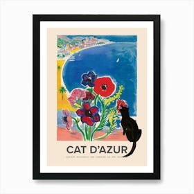 Black Cat, Cat D Azur In The Style Of Visitez Cote D Azur Vintage Travel Poster Art Print