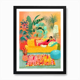 Woman Reading In Tropical Living Room Art Print