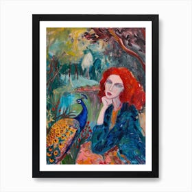 Peacock & Red Haired Woman Brushstroke Art Print