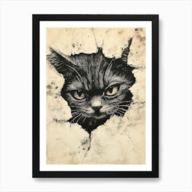 Angry Cat Watching from Wall Hole 5 Art Print