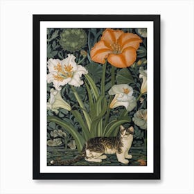 Lillies With A Cat 1 William Morris Style Art Print