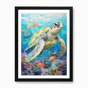 Sea Turtle In The Ocean Linograph Illustration 2 Art Print