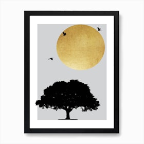 Gold Sun And Tree Abstract Art Print