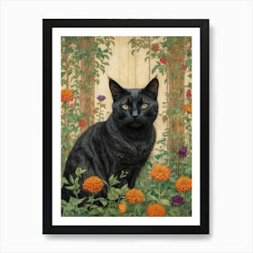 Black Cat In Flowers Art Print