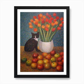 Lilies With A Cat 4 Pointillism Style Art Print