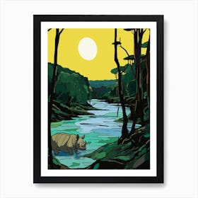 A Rhino Coming Out Of The River In The Sun 1 Art Print