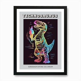 Neon Dinosaur Line Illustration Eating Ice Cream Poster Art Print