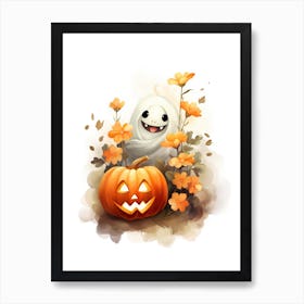 Cute Ghost With Pumpkins Halloween Watercolour 158 Art Print