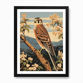 Vintage Bird Linocut American Kestrel 2 Art Print