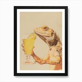 Iguana Drinking A Cocktail Realistic Illustration Art Print