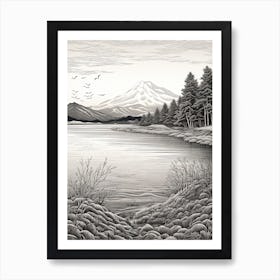 Lake Toya In Hokkaido, Ukiyo E Black And White Line Art Drawing 2 Art Print