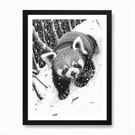 Red Panda Cub Sliding Down A Snowy Hill Ink Illustration 2 Art Print