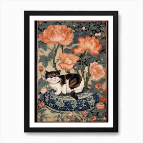 Tulips With A Cat 1 William Morris Style Art Print