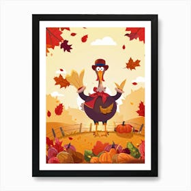 Cartoon Style Illustration Of A Cheerful Turkey Character Donning A Pilgrim Hat Amidst A Fall Harves Art Print