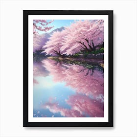 The Reflection Of Cherry Blossoms And A Cherry Tree Lined View On The Water S Surface Art Print