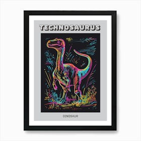 Neon Rainbow Dinosaur Line Illustration With Black Background 2 Poster Art Print