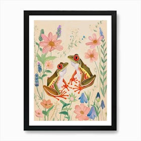 Folksy Floral Animal Drawing Frog Art Print